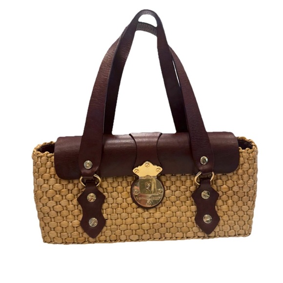 Michael Kors Santorini Raffia & Cognac Leather Woven Shoulder Bag EUC - Picture 1 of 12